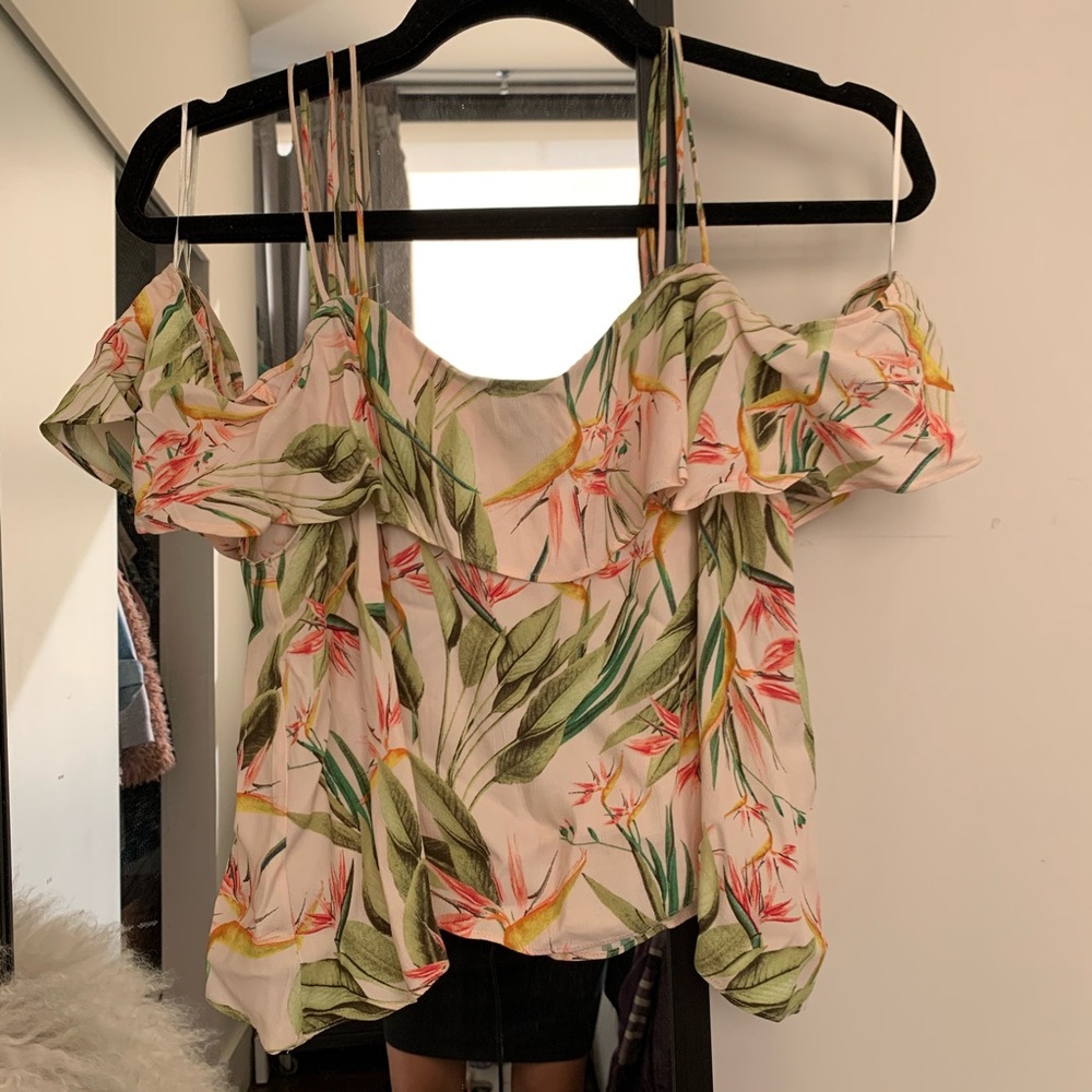 Zara Birds of Paradise Print Cold Shoulder Top